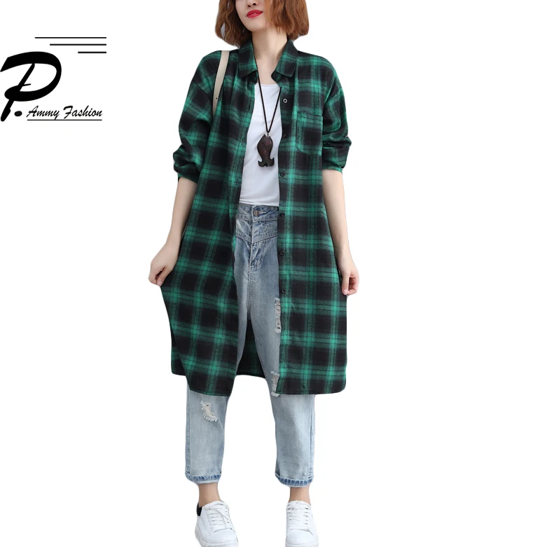 

Plus Size Cotton&Linen Retro Checkered Blouse Dress 2019 Spring Turn-down Collar Long Sleeve Oversized Mid-Long Plaid Long shirt