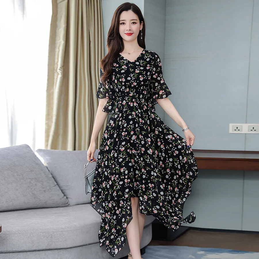 Summer Floral Chiffon Boho Midi Sundress 2019 Vintage 3XL Plus Size Black Print Beach Dress Women Bodycon Elegant Party Vestidos