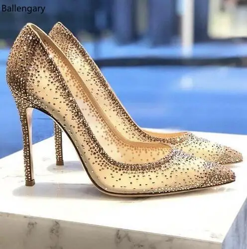 

Luxury Nude Bling Bling Crystal Cover Women Pumps 6CM 9CM Thin High Heels Mesh Lace Shoes Woman Chic Stiletto For Ladies Shoes