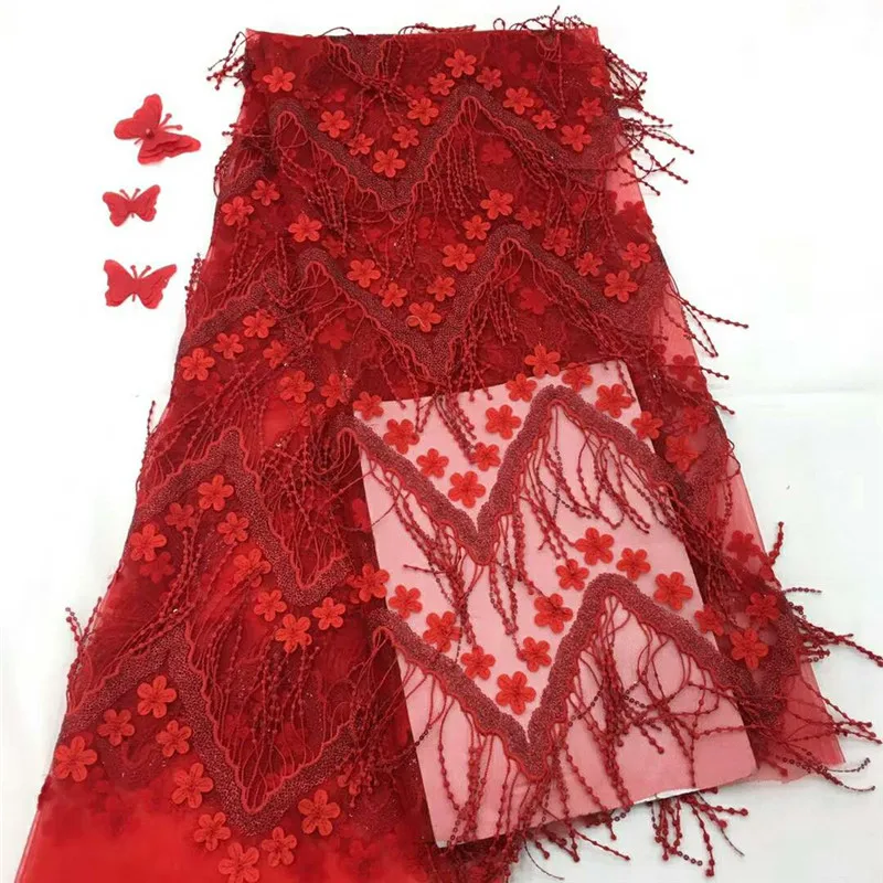 

French Net Lace Fabric 2018 Latest african lace fabric with embroidery mesh tulle red cord Sequins lace fabric HJ1125-1 red