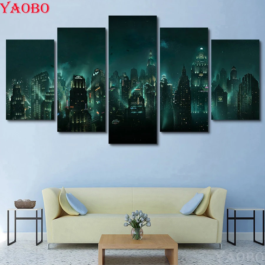 

5 Panel City Building Night View diy 5d Diamond Painting Cross Stitch full square round diamond embroidery Mosaic Wall Art Decor