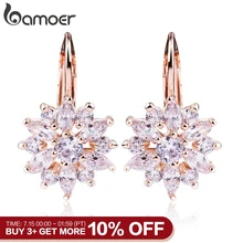 BAMOER 3 Colors Luxury Gold Color Flower Stud Earrings with Zircon Stone Women Birthday Gift Bijouterie