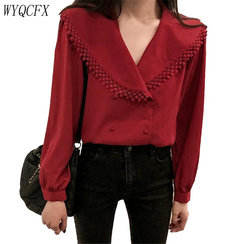 

Women's New Spring Summer Red Chiffon Blouse Shirt Female Korean Loose Long Sleeve tops 2019 Ladies lace lapel Blouses Tide W074