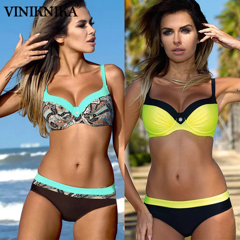 

2019 Sexy Bikinis Solid Bikini Set Printing Ladies Plus Size Beach Wear Biquini Push Up Swimsuit Women Halter Top Swimwear