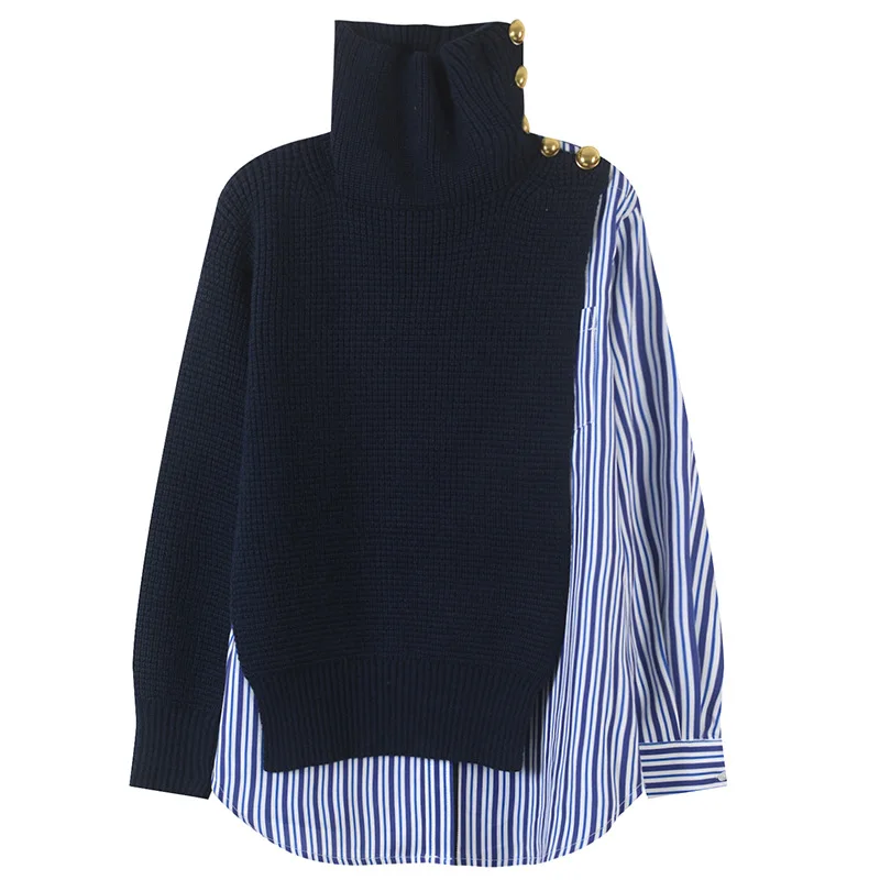 

2018 Autumn Winter New Korean Fake Two Pcs Stripe Shirts Stitching Top Loose Knitted Blouse Women Pullovers Turtleneck