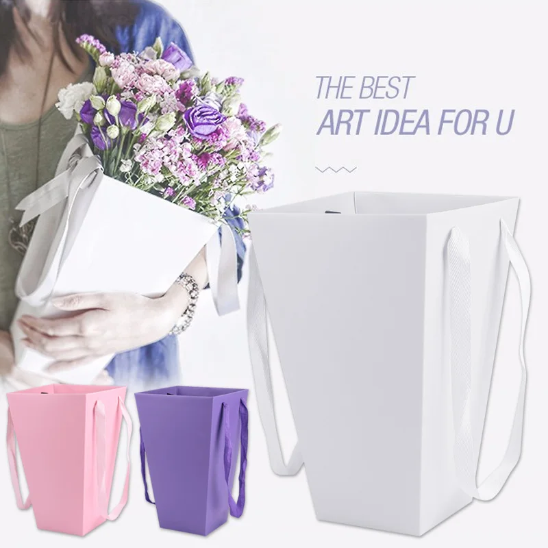 

Barrels Bouquet Box Flower Bucket Kraft Paper Beautiful Fashion Gift Box Popcorn Bucket for Wedding Flower Box with Handle Rope
