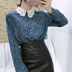 Vogue печати Шифоновая блузка Для женщин рубашки 2019 корейский Повседневное Для женщин s Топы и блузки с длинным рукавом кружева лоскутное