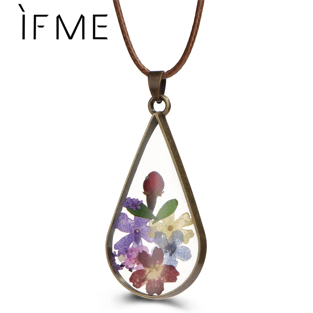 SE ME Pressionado Flor Teardrop Pendant Colares para As Mulheres Jewlery Feminino Secado Seco Flor Colares de Vidro com Corda Cadeia de Dom