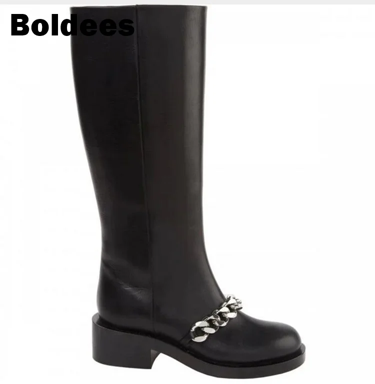 Fall Hot Sale Round Toe Black Leather Women Martin Boots Metal Chains Chelsea Boots Luxury ...