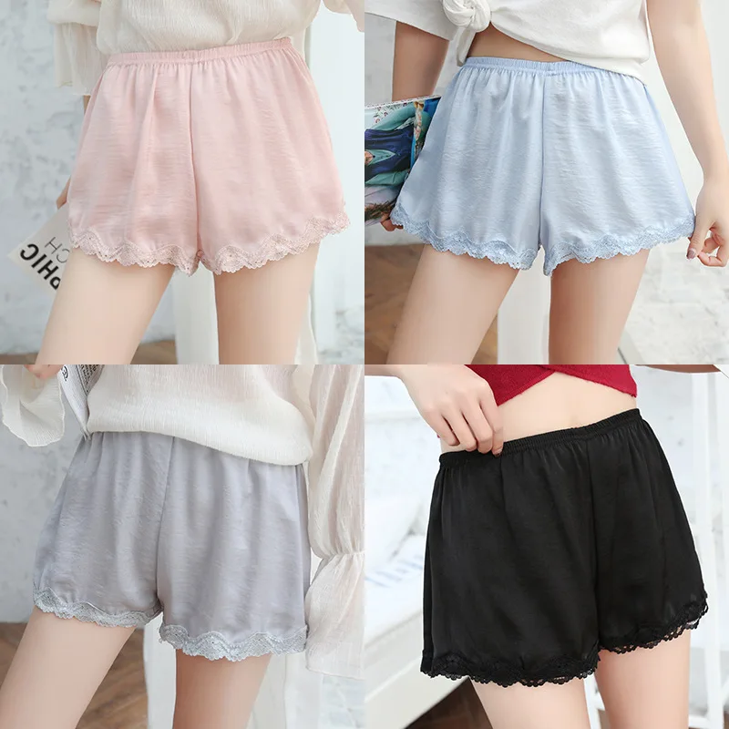 

Jeseca Summer Breathable Women Shorts Sexy Lace Mid Waist Outwear Black White Thin Nightwear Elastic Plus Size Silk Sleep Shorts