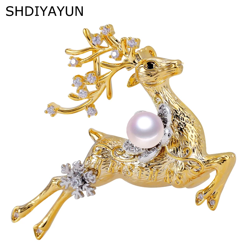 

SHDIYAYUN 2019 Factory Direct Sale Pearl Brooch For Women Elk Brooches Pins Natural Freshwater Pearl Fine Jewelry Christmas Gift