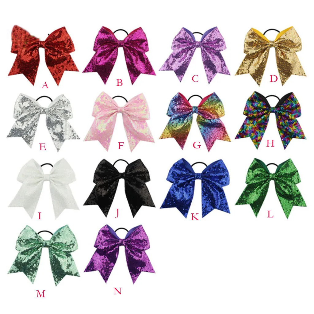 Hair Bow 2019 Fashion Full Sequin Bling Cheer Hair Bow with Elastic Band Cheerleading For Girls 8 Inch Baby Gift#40&