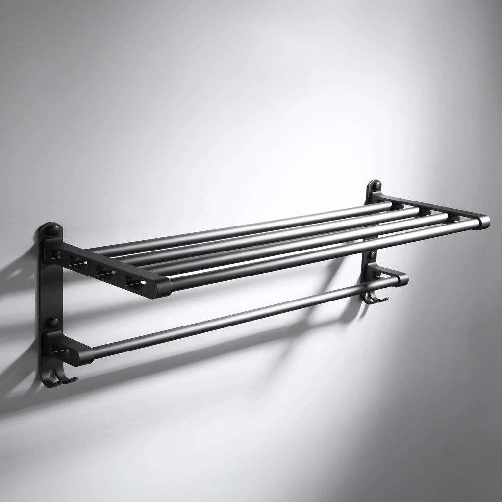Space Aluminum Matte Black Wall Mounted Shower Towel Rack Shelf For Bathroom Towel