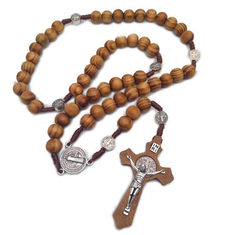 Новая мода ручной работы круглые бусы католические четки крест религиозные коричневые деревянные бусы мужские четки ожерелье