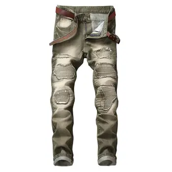 

Hot New Brand Biker Jeans Men High Stretch Cargo Denim Jeans Solid Designer Pleated Slim Jean Men's Scratched Pants Trousers