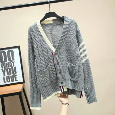 Роскошный дизайнерский брендовый вязаный свитер для женщин, винтажный ассиметричный шерстяной вязаный кардиган с v-образным вырезом - Цвет: Серый
