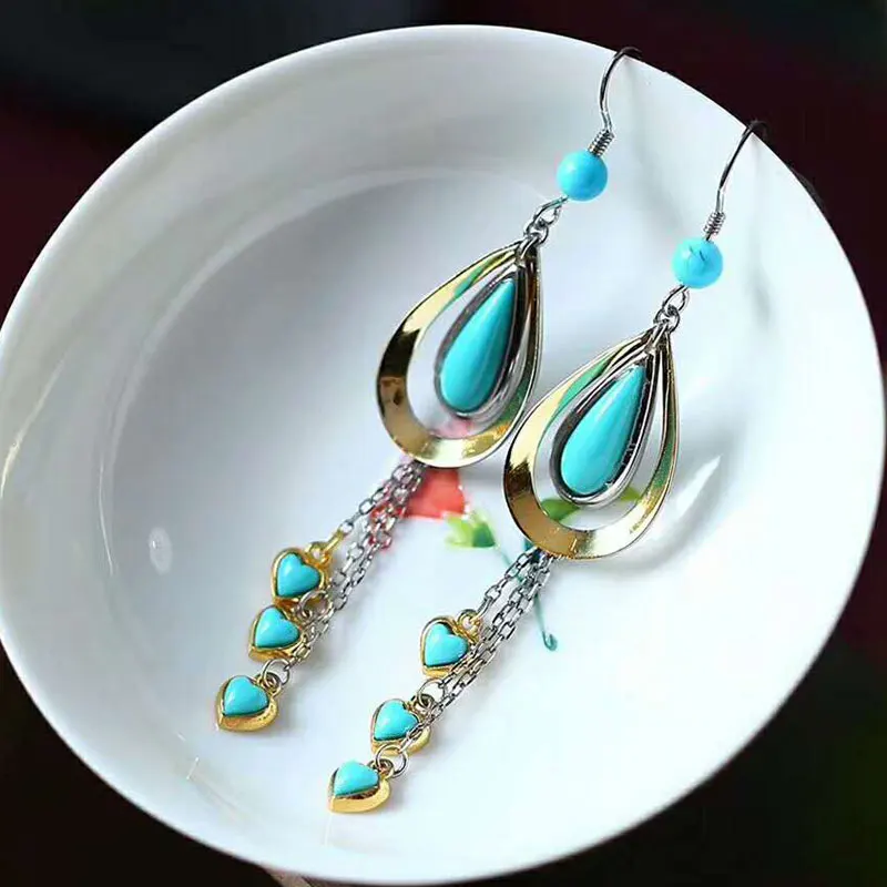 

RADHORSE Earring Genuine 925 Sterling Silver Turquoise Water droplets Tassel Earring for Women Classic Style Fine Jewelry