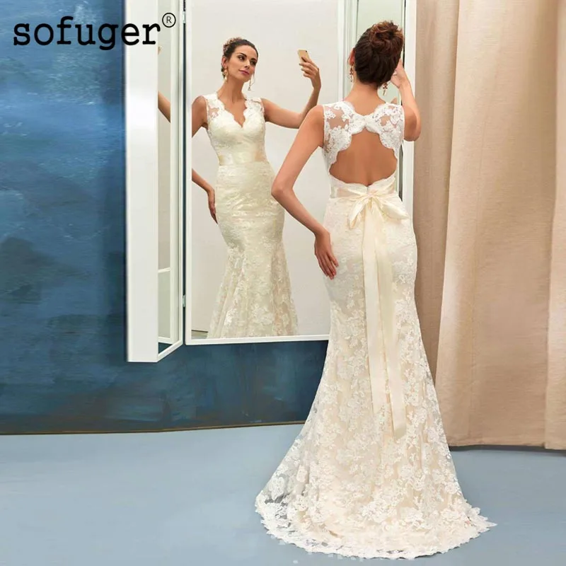 

Sexy Long V Neck Lace Backless Mermaid Sashes Bow Weddding Dresses Bridal Gown Vestidos de Noivas Custom