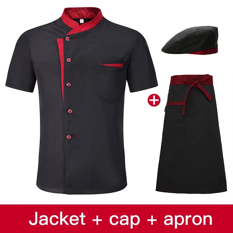 Унисекс, кухонная Униформа шеф-повара, для пекарни, обслуживания еды, повара, рубашка с коротким рукавом, дышащая, двубортная, куртка повара, одежда - Цвет: Clothes apron hat