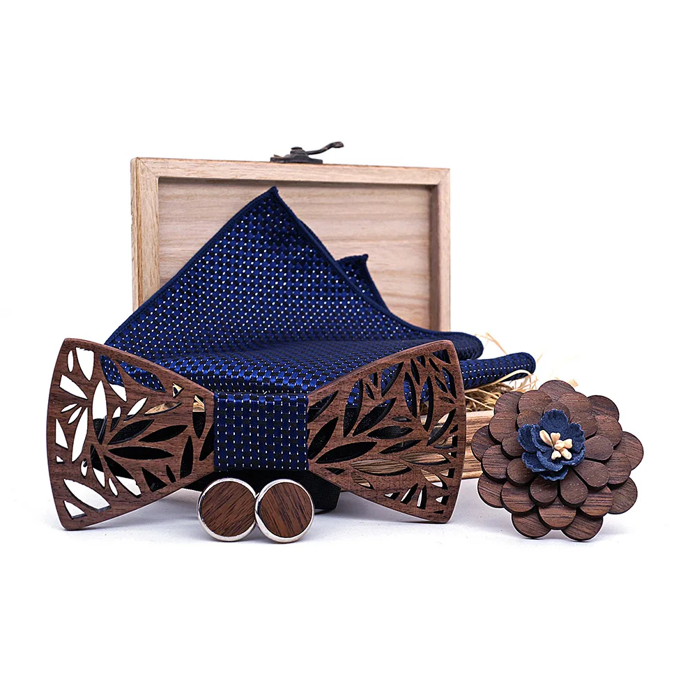 

Wooden Bow Tie Handkerchief Set Men's Plaid Bowtie Wood Hollow carved cut out Floral design And Box Fashion Novelty ties