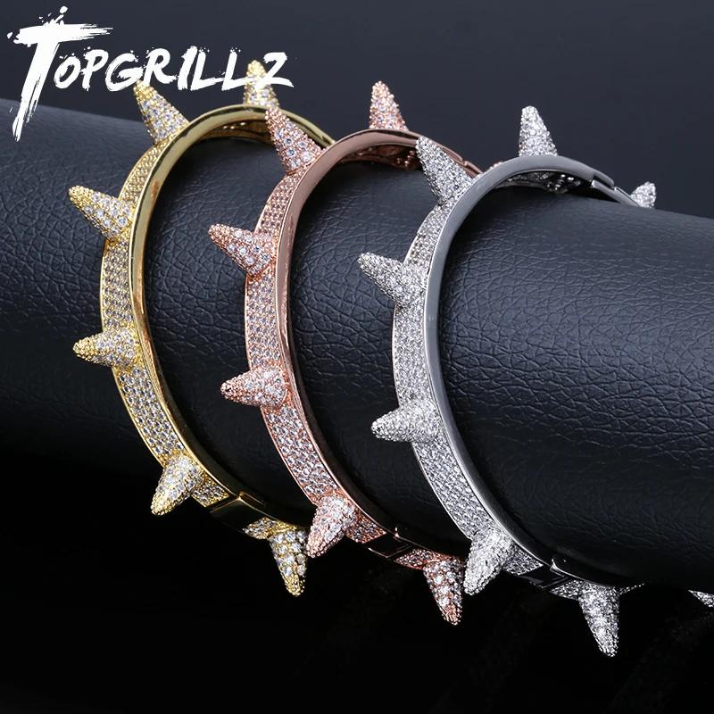 Beste TOPGRILLZ Iced Out Spikes Armbanden Rivet Cone Stud Manchet Twist Doornen Armbanden Zirconia Bling Bling AAA Hip Hop Sieraden