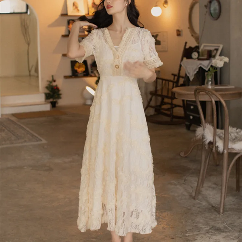 

SWEETXUE Women Sexy V-Neck Party Long Dress Summer Sweet Tassel Lace Holiday Hollow Sundress Short Sleeve Vestido Verano Mujer