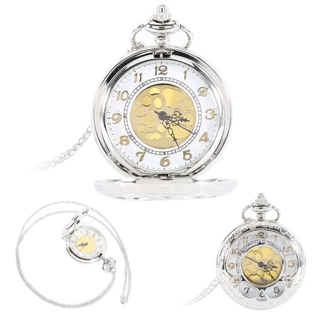 Vintage Silver Face Hollow Flower Quartz Gold Dial Pocket Watch Necklace Pendant Vintage Silver Face Hollow Flower Quartz Gold Dial Pocket Watch Necklace Pendant
