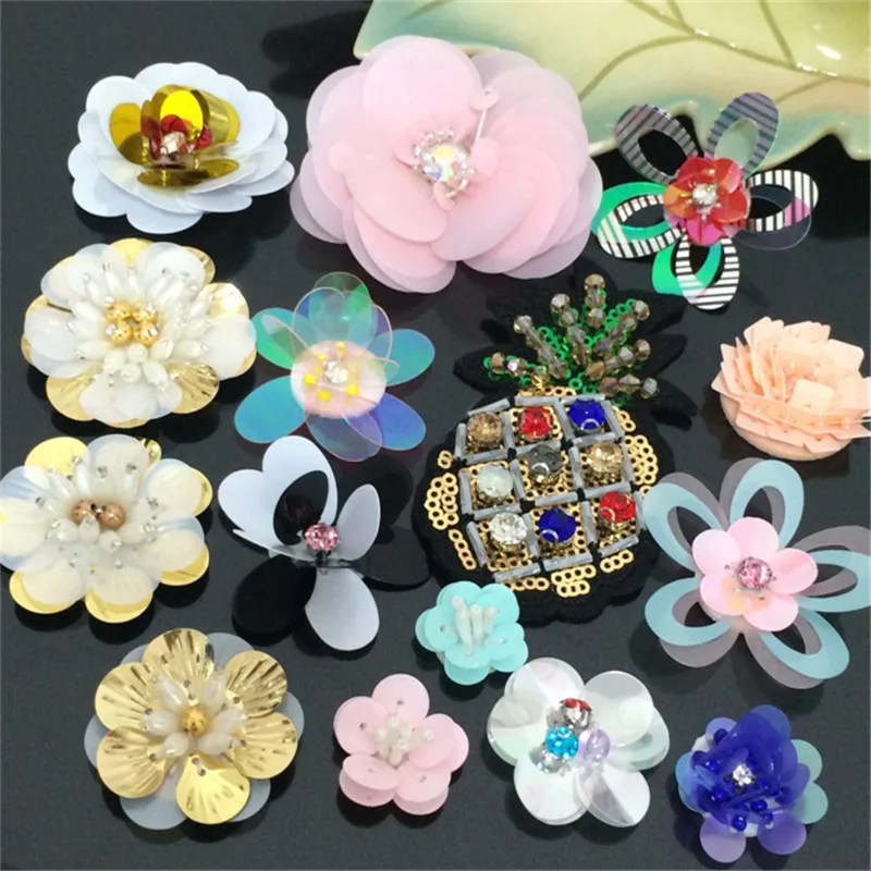 

5PCS Sequins Rhinestones Beads Flower Patches Applique Sew On Pineapple Beading Applique Clothes Shoes Bags Patch DIY Accessory