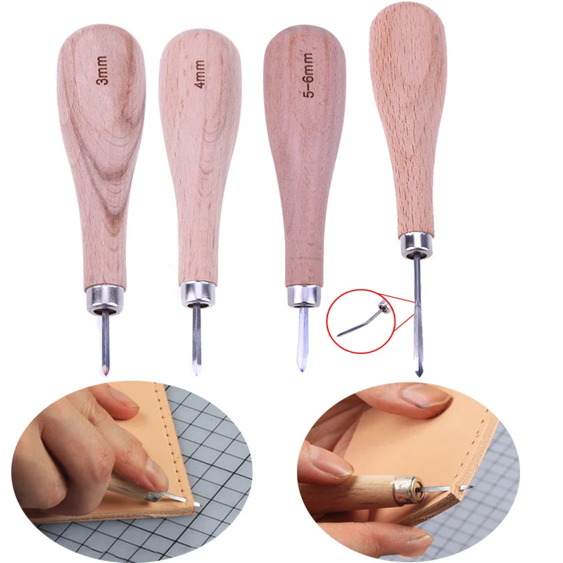 Hole Punching Tool Wooden Grip for Sewing Leather for Leather Stitching Awl Diamond Cone with Cover 5mm