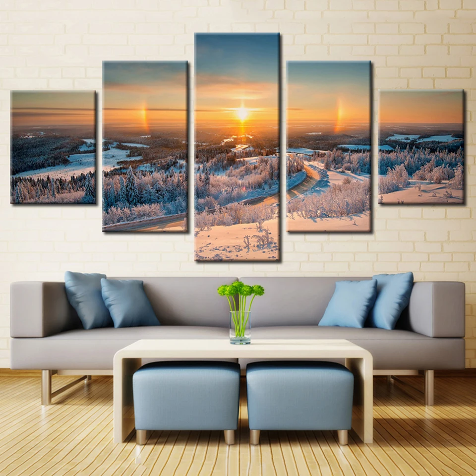 

Painting Poster For HD Printed Living Room Modern 5 Panel Sunrise Snow Mountain Wall Art Home Decor Framework Canvas Pictures