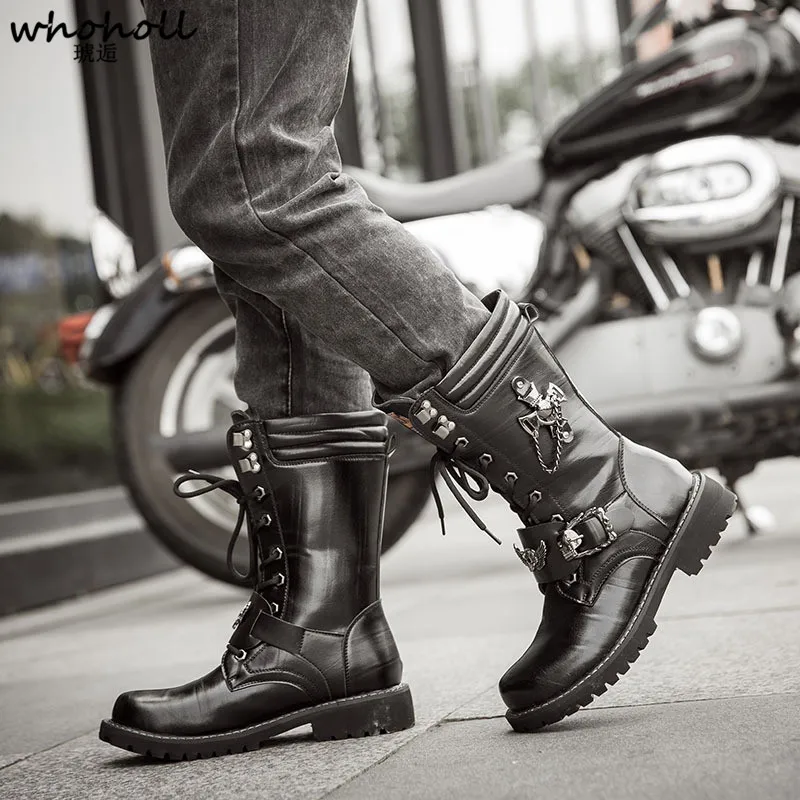 

WHOHOLL Brand 2018 PU Leather Punk Motorcycle Boot Men Martin Shoes Male Business Solid Winter Work Shoes Leather Men Boots 44