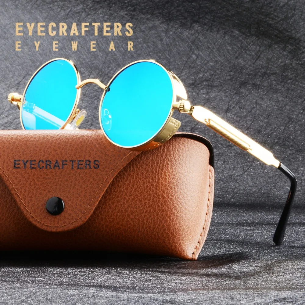 

Gold Blue Mirrored Polarized Round Sunglasses Mens Gothic Steampunk Sunglasses Womens Fashion Retro Vintage Polaroid Eyewear