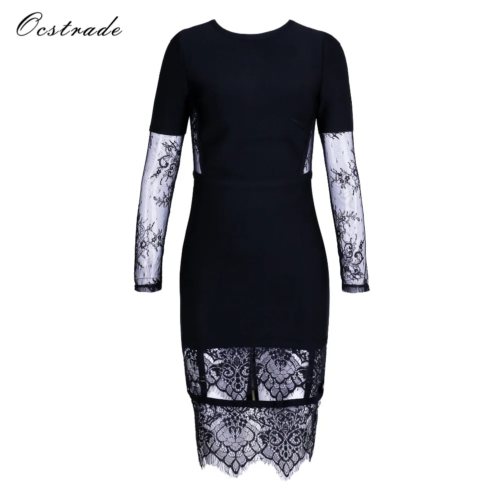 

Ocstrade Wholesale 2017 Autumn Winter Lace Bodycon Dress Women Sexy Black Mesh Long Sleeve Bandage Dress Vestidos