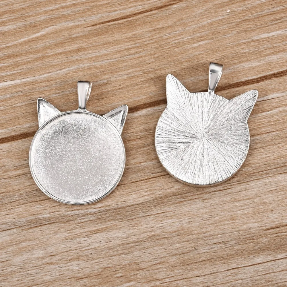 Cat Pendant Cabochon Setting 25mm Flat Round Bezel Gem Blank Base Silver Plated (3)