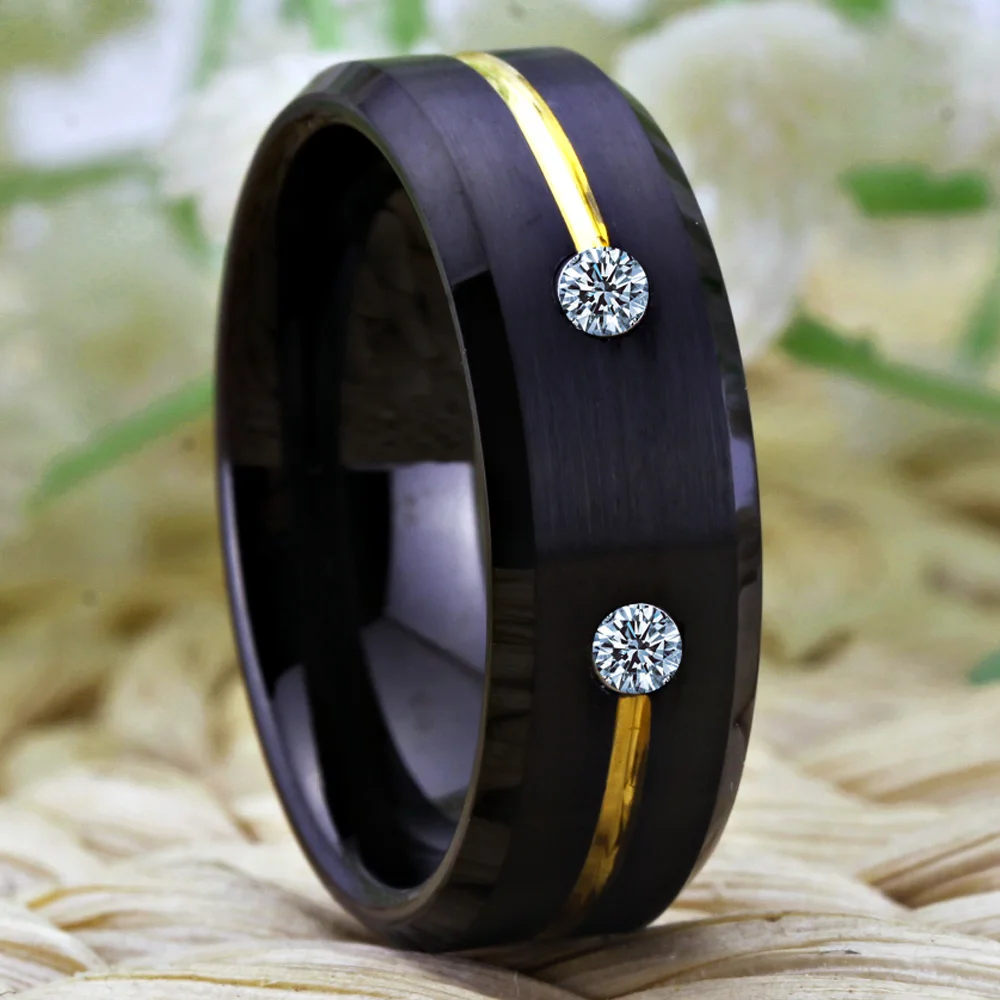 Tungsten Wedding Band Engagement Rings For Women Classic Men's Black Tungsten Ring Golden Groove CZ inlay Anniversary Gift Ring