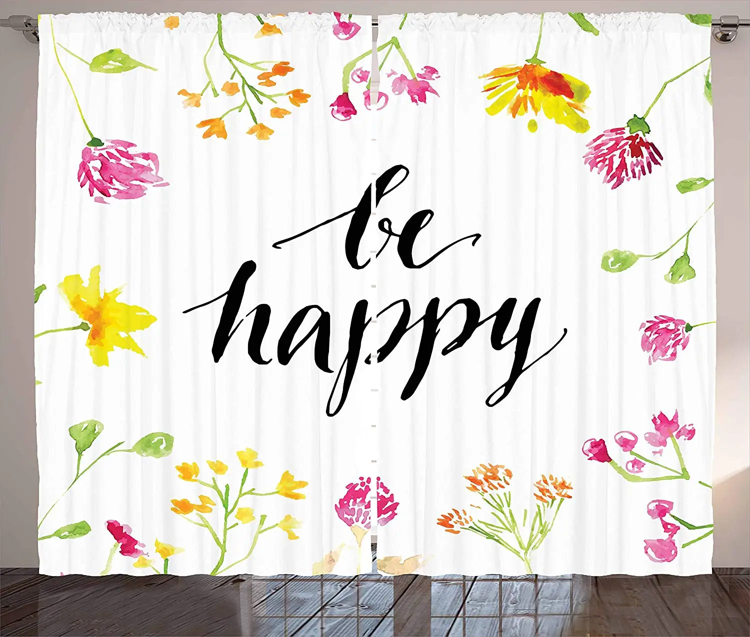 

Quote Curtains Positive Vibes Spring Revival Floral Be Happy Phrase Framed by Colorful Wild Flowers Living Room Bedroom Window