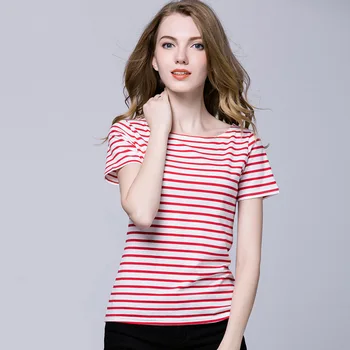 

2019 New Summer Fashion High Quality Cotton Pullover Sweaters Striped Women Short Sleeve Slash Neck Knitted Sweater Tops
