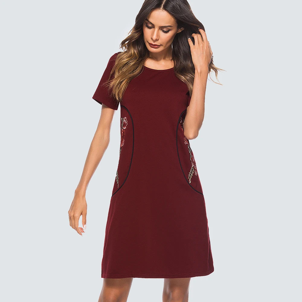 

Women Casual Brief Solid Color Shift Dress Elegant Wine Embroidered Short-Sleeve Straight Summer Lady Dress HT034