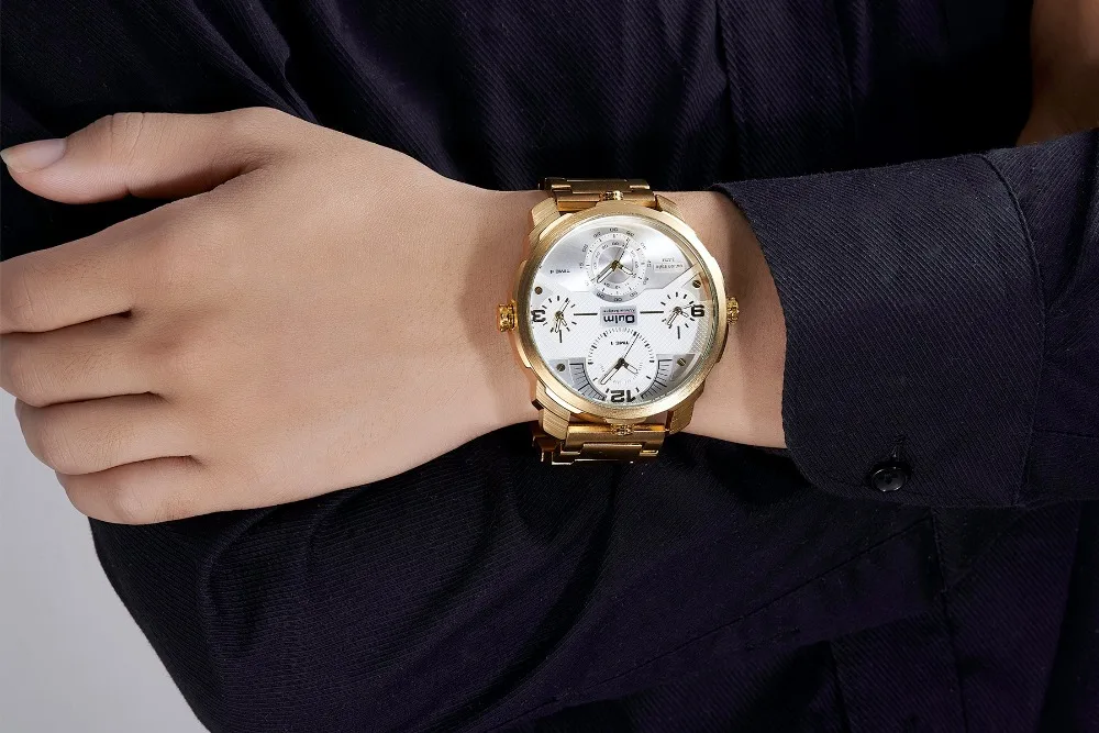 OULM Лидирующий бренд роскошный золотой кварцевые часы Для мужчин полный Сталь ремешок большой циферблат 4 часовых поясов модные Бизнес наручные часы водонепроницаемый