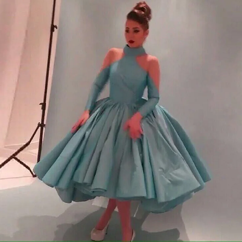 Elegant Halter Short Ball Gowns Long Sleeves Prom font b Dresses b font Ruched Simple Satin