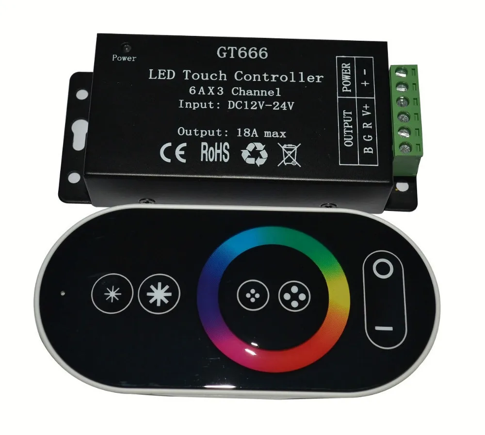 RGB LED controller with black RF touch remote;DC12 24V input;6A*3CH outputin RGB Controlers