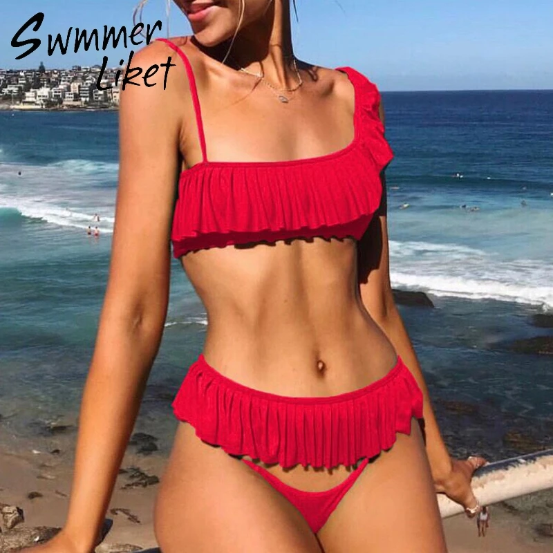 

Summer 2019 new bathing suit Ruffles one shoulder bikini set String red swimwear women biquinis Push up sexy 3 pieces swimsuit