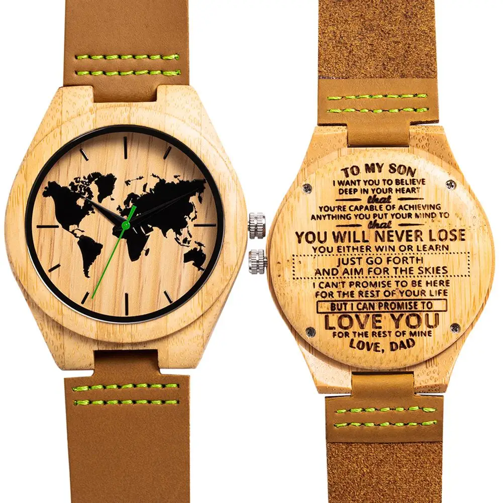 

2019 Popular Wooden Round Dial World Map Pattern Faux Leather Strap Quartz Analog Wrist Watch