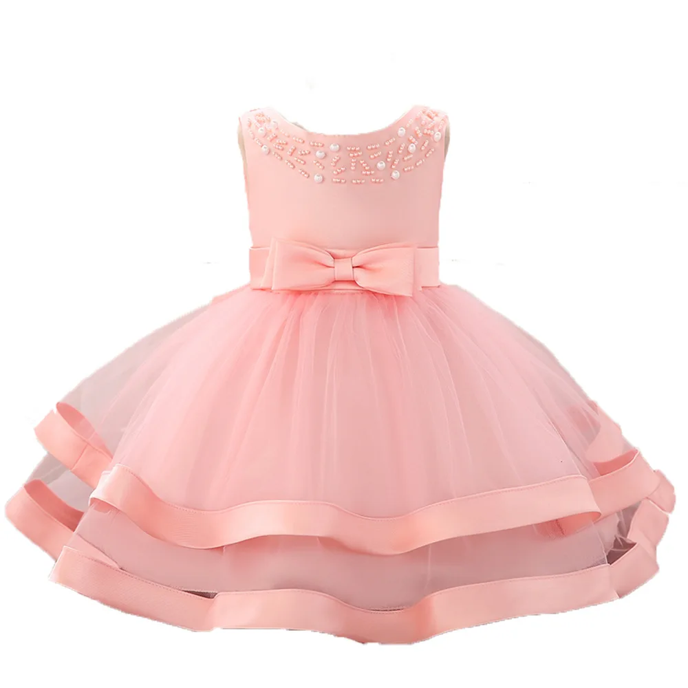 

2019 Baby Dress Princess Forged Solid Color Nail Beads Rolling Girl Wedding Dress Fluffy Children Sleeveless Children's Clothing