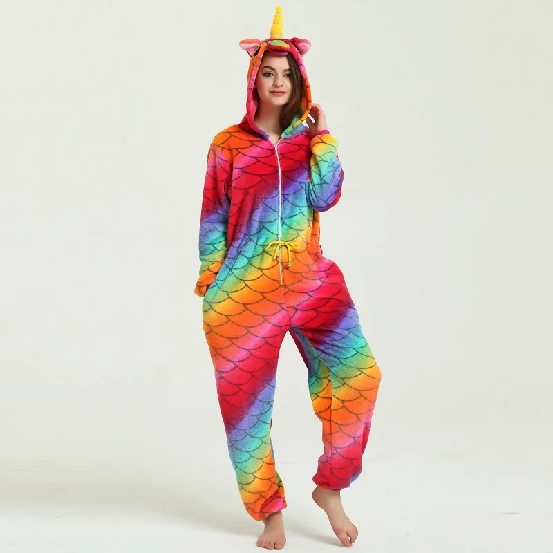 Kigurumi Cute Colorful Cartoon Unicorn Pajamas Winter Warm Flannel Long