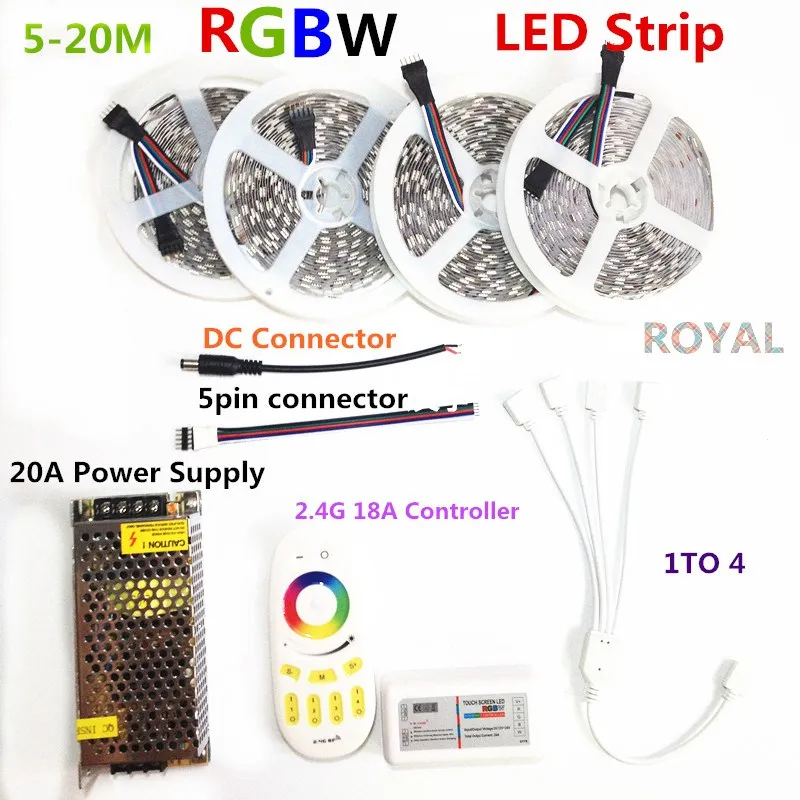 Светодиодные ленты набор DC12V RGB/RGBW 5050 ip65 Водонепроницаемый гибкий светодиодный свет+ RF пульт дистанционного управления+ Мощность адаптер Комплект 20 м 15 м 10 м 5 м