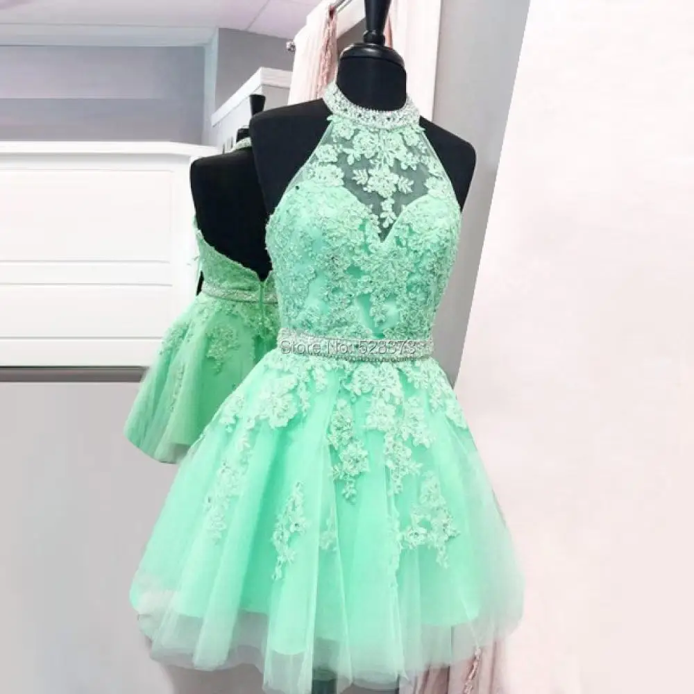 

YNQNFS PD72 Chic Real Pictures Heavy Halter Beaded Short Prom Party Dresses Mint Green 2018