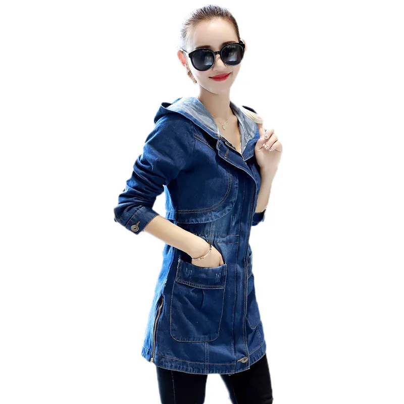 

Denim Windbreaker Women Medium Long Outerwear 2018 Spring Autumn New Hooded Coat Loose Large Size S-5Xl Women Trench Coat DT0330
