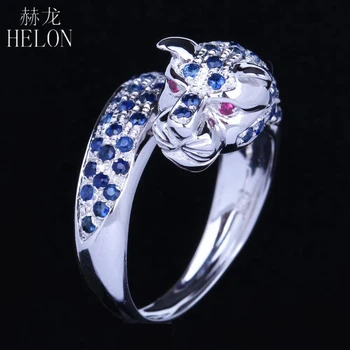 

HELON Solid 10k White Gold Men Jewlery Natural Sapphire & Ruby Engagement New Design Ring Animal Stylish Jewelry Leopard Band