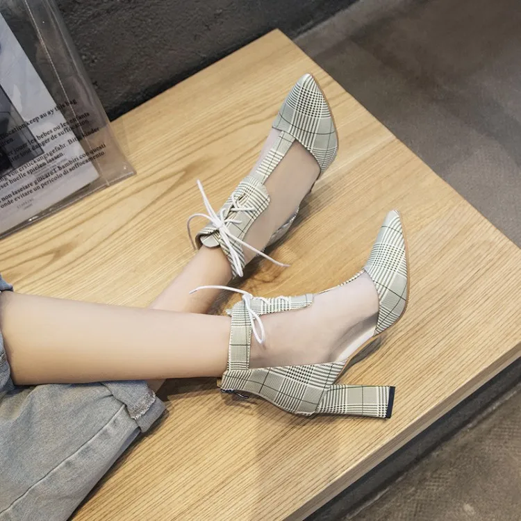 

Big Size 11 12 13 14 15 16 high heels sandals women shoes woman summer ladies Gauze pointed striped checked high heels